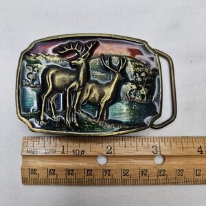 Koleaco USA Vtg Deer Buck‎ Wildlife Brass 3D Enamel Belt Buckle A16 Western